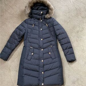 Michael Kors Black Quilted Long Puffer Coat with Faux Fur Trim